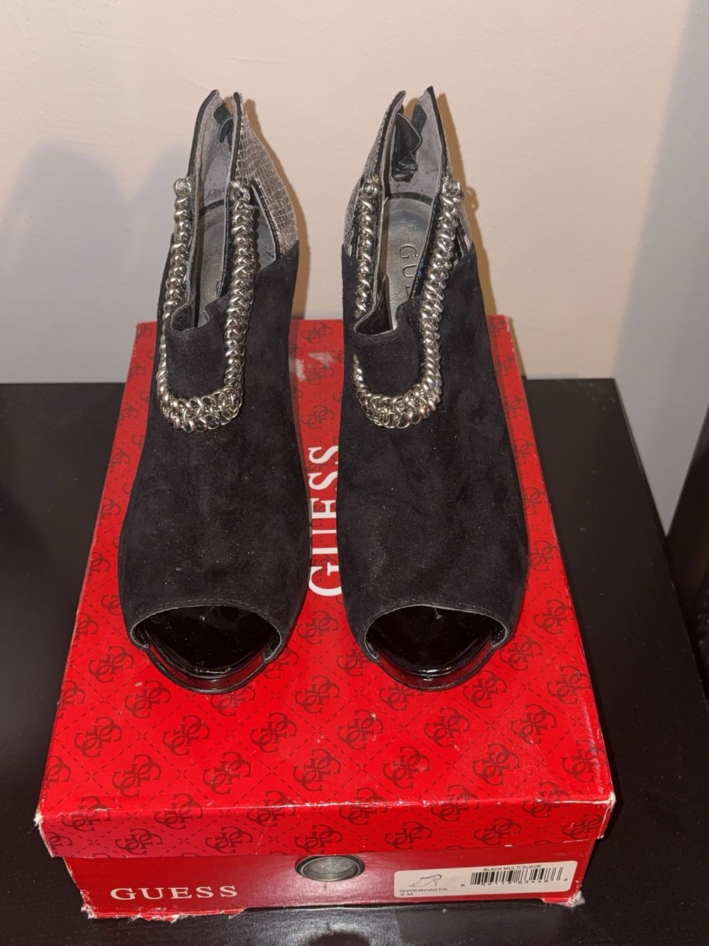 GUESS Black Suede Peep-Toe Heels with Silver Chain Detail
